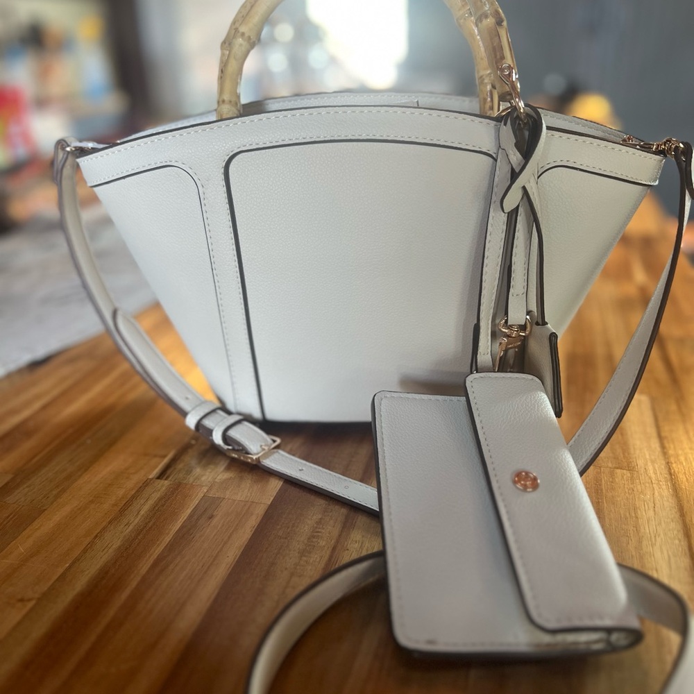 Anne Klein Cream Shoulder Bag with Bamboo Handle